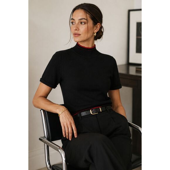 Tahari Tops - Tahari Cozy Y2K Black Knit Short Sleeve Mock Turtleneck Sweater Red Trim Size 6